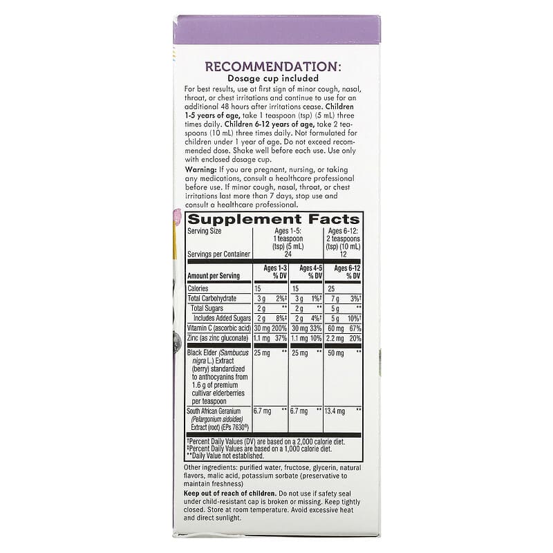 Nature's Way Sambucus Relief Cough Syrup For Kids Ages 1+ Elderberry 4 fl oz (120 ml) 2 Thực phẩm bổ sung Nature's Way Sambucus Relief Cough Syrup For Kids Ages 1+ Elderberry 4 fl oz (120 ml) 033674136713