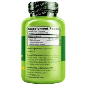 Thực phẩm bổ sung NATURELO Vitamin D3 Plant Based from Lichen 125 mcg (5.000 IU) 180 Easy Swallow Capsules 628110628435