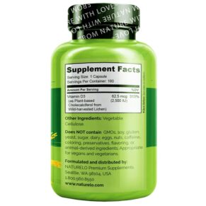 Thực phẩm bổ sung NATURELO Vitamin D3 Plant-Based from Lichen 62.5 mcg (2.500 IU) 180 Easy Swallow Capsules 628110628282