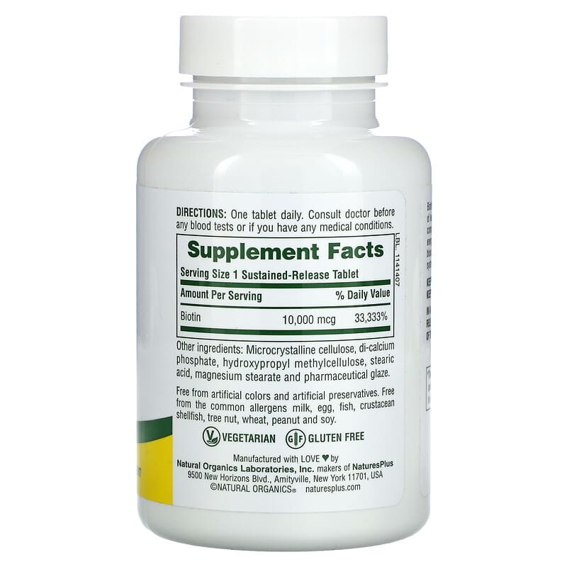 NaturesPlus Biotin Sustained Release 10.000 mcg 90 Tablets 2 Thực phẩm bổ sung NaturesPlus Biotin Sustained Release 10.000 mcg 90 Tablets 097467017931