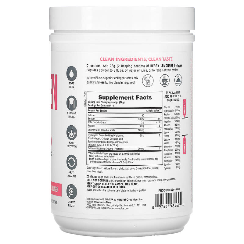 NaturesPlus Collagen Peptides Berry Lemonade 0.8 lbs (364 g) 2 Thực phẩm bổ sung NaturesPlus Collagen Peptides Berry Lemonade 0.8 lbs (364 g) 097467459694