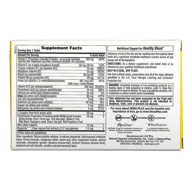 NaturesPlus Hema-Plex Iron with Essential Nutrients for Healthy Red Blood Cells 10 Slow Release Tablets 2 Thực phẩm bổ sung NaturesPlus Hema-Plex Iron with Essential Nutrients for Healthy Red Blood Cells 10 Slow Release Tablets 097467996625
