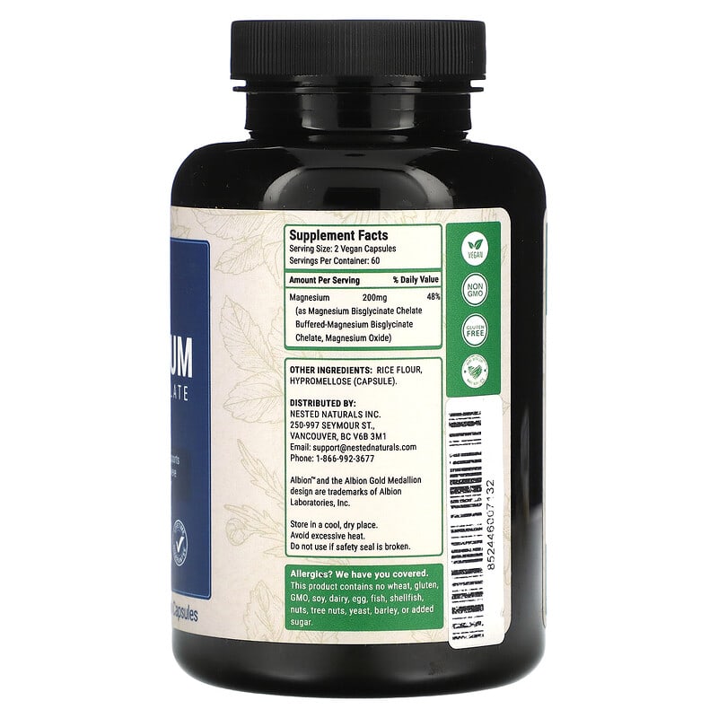 Nested Naturals Magnesium Glycinate Chelate 120 Vegan Capsules 2 Thực phẩm bổ sung Nested Naturals Magnesium Glycinate Chelate 120 Vegan Capsules 852446007132