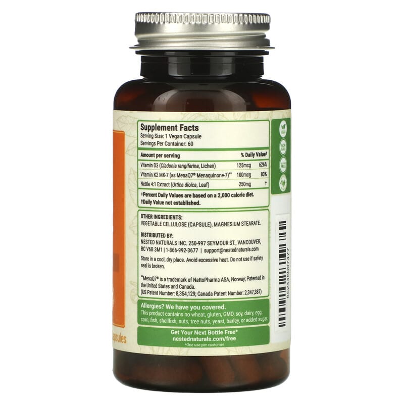 Nested Naturals Vegan D3 + K2 plus Nettle Leaf 60 Vegan Capsules 2 Thực phẩm bổ sung Nested Naturals Vegan D3 + K2 plus Nettle Leaf 60 Vegan Capsules 852446007477