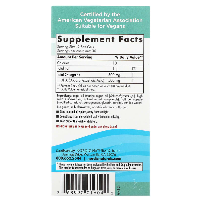 Nordic Naturals Algae DHA 60 Soft Gels 2 Thực phẩm bổ sung Nordic Naturals Algae DHA 60 Soft Gels 768990016042