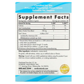 Thực phẩm bổ sung Nordic Naturals Nordic Flora Baby's Probiotic Powder Ages 6 Months - 3 Years 4 Billion CFU 30 Packets 768990016752