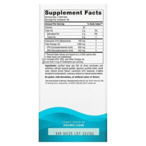 Thực phẩm bổ sung Nordic Naturals Ultimate Omega + CoQ10 Lemon 640 mg 120 Soft Gels 768990018923