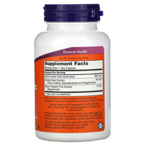 Thực phẩm bổ sung NOW Foods Alpha Lipoic Acid Extra Strength 600 mg 120 Veg Capsules 733739030450