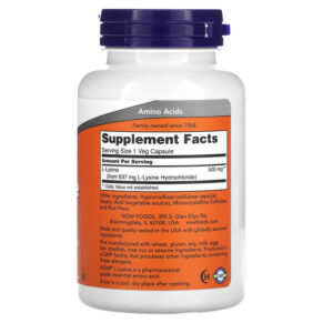 NOW Foods L-Lysine 500 mg 100 Veg Capsules 3 Thực phẩm bổ sung NOW Foods L-Lysine 500 mg 100 Veg Capsules 733739001108