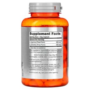 Thực phẩm bổ sung NOW Foods Sports Arginine & Citrulline 120 Veg Capsules 733739000378