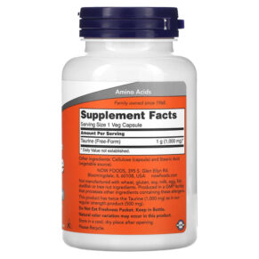 Thực phẩm bổ sung NOW Foods Taurine Double Strength 1.000 mg 100 Veg Capsules 733739001429
