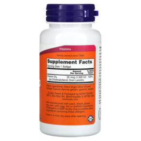 Thực phẩm bổ sung NOW Foods Vitamin D-3 High Potency 1.000 IU 180 Softgels 733739003652