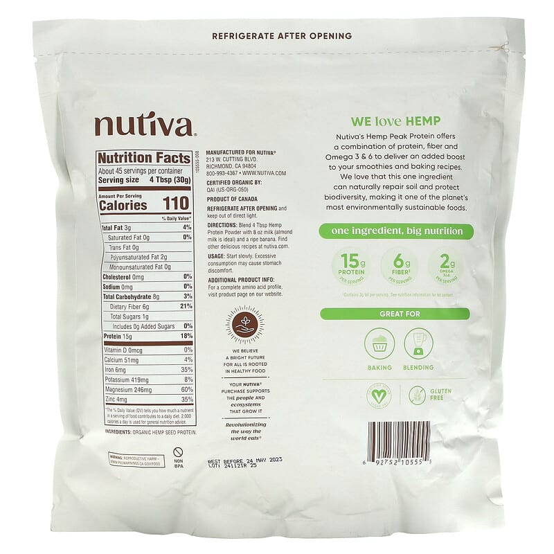 Nutiva Organic Hemp Protein Powder 3 lb (1.36 kg) 2 Thực phẩm bổ sung Nutiva Organic Hemp Protein Powder 3 lb (1.36 kg) 692752105555