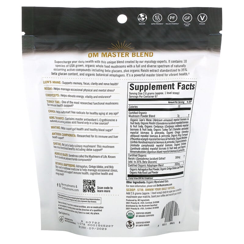 Om Mushrooms Certified Organic Mushroom Powder Mushroom Master Blend 6.2 oz (176 g) 2 Thực phẩm bổ sung Om Mushrooms Certified Organic Mushroom Powder Mushroom Master Blend 6.2 oz (176 g) 850011996218