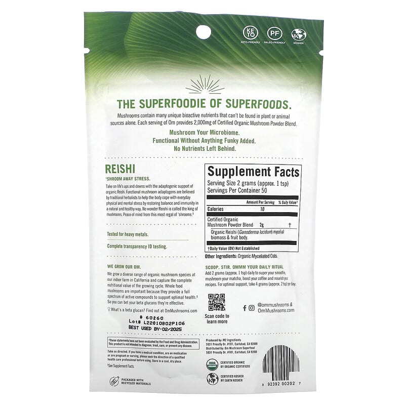 Om Mushrooms Reishi Certified Organic Mushroom Powder 3.5 oz (100 g) 2 Thực phẩm bổ sung Om Mushrooms Reishi Certified Organic Mushroom Powder 3.5 oz (100 g) 892392002027