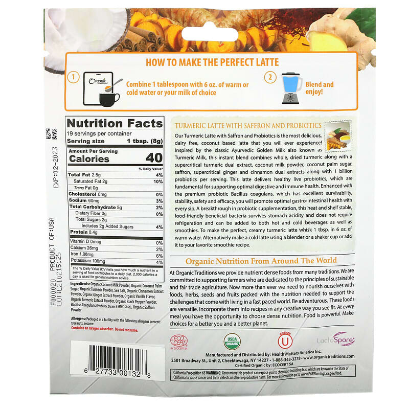 Organic Traditions Turmeric Latte with Saffron and Probiotics 5.3 oz (150 g) 2 Thực phẩm bổ sung Organic Traditions Turmeric Latte with Saffron and Probiotics 5.3 oz (150 g) 627733001328