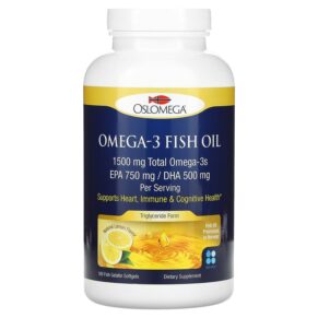 Thực phẩm chức năng Oslomega Norwegian Omega-3 Fish Oil 750 mg EPA 500 mg DHA Natural Lemon Flavor 180 Fish Gelatin Softgels 898220013944