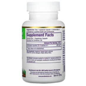Thực phẩm bổ sung Paradise Herbs CS-4 Strain Cordyceps 60 Vegetarian Capsules 601944777142