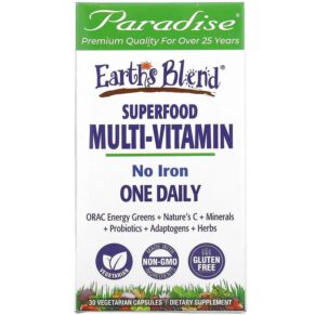 Thực phẩm chức năng Paradise Herbs Earth's Blend One Daily Superfood Multi-Vitamin No Iron 30 Vegetarian Capsules 601944778262