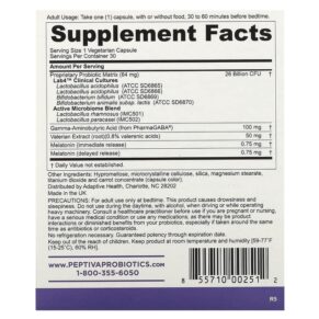 Thực phẩm bổ sung Peptiva Clinically Validated Probiotics + Sleep Support 30 Vegetarian Capsules 855710002512
