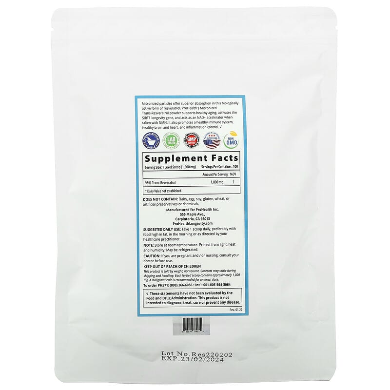 ProHealth Longevity Micronized Trans-Resveratrol 100 g 2 Thực phẩm bổ sung ProHealth Longevity Micronized Trans-Resveratrol 100 g 850030779229