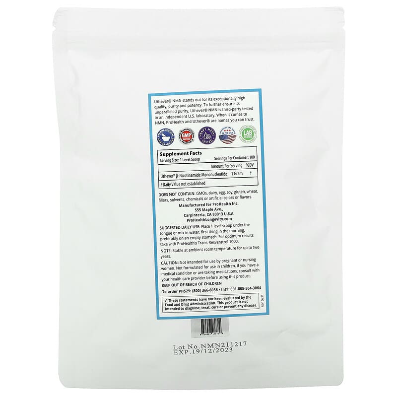 ProHealth Longevity NMN Pro Pure NMN Powder 100 g 2 Thực phẩm bổ sung ProHealth Longevity NMN Pro Pure NMN Powder 100 g 850023410719