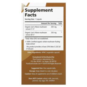 Thực phẩm bổ sung Pure Essence MyPure Lion's Mane 4X 60 Vegi-Caps 659670922022