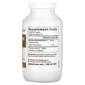Thực phẩm bổ sung Real Mushrooms Lion's Mane Mushroom Extract Powder 300 Capsules 628110068293