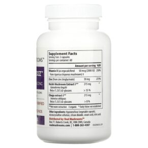 Thực phẩm bổ sung Real Mushrooms Mushroom D2Z D2/Beta Glucan/Zinc 120 Capsules 628110068361