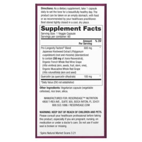 Thực phẩm bổ sung Reserveage Nutrition Resveratrol 250 mg 60 Veggie Capsules 094922978622