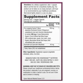Thực phẩm bổ sung Reserveage Nutrition Resveratrol 500 mg 60 Veggie Capsules 094922281906
