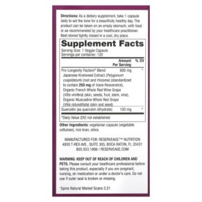 Thực phẩm bổ sung Reserveage Nutrition Resveratrol Trans-Resveratrol 250 mg 120 Veggie Capsules 094922002815