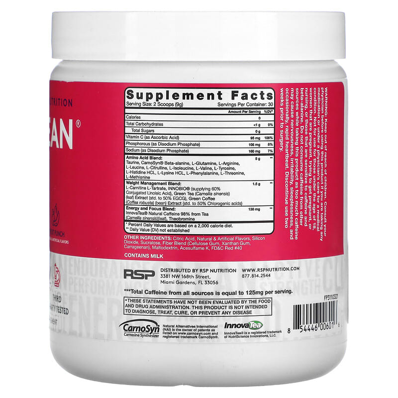 RSP Nutrition AminoLean 5 g Amino Acids + Anytime Energy Fruit Punch 9.52 oz (270 g) 2 Thực phẩm bổ sung RSP Nutrition AminoLean 5 g Amino Acids + Anytime Energy Fruit Punch 9.52 oz (270 g) 854446006016