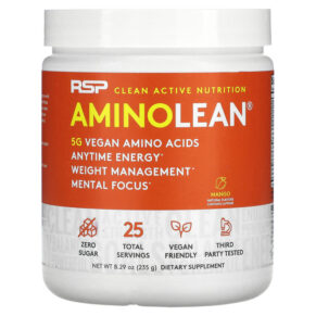 Thực phẩm chức năng RSP Nutrition AminoLean 5 g Vegan Amino Acids + Anytime Energy Mango 8.29 oz (235 g) 850019469295