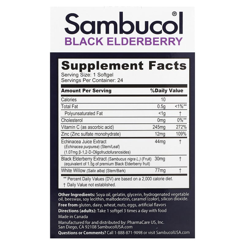 Sambucol 5-In-1 Intense Defense + Echinacea Zinc Vitamin C & White Willow Black Elderberry 24 Softgels 2 Thực phẩm bổ sung Sambucol 5-In-1 Intense Defense + Echinacea Zinc Vitamin C & White Willow Black Elderberry 24 Softgels 896116001280