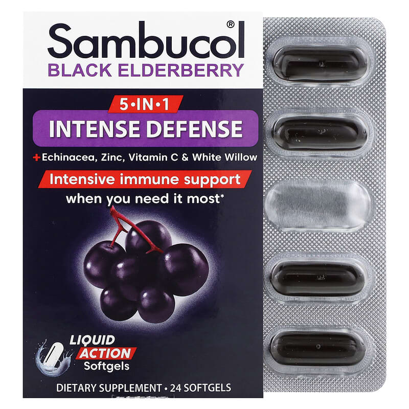 Sambucol 5-In-1 Intense Defense + Echinacea Zinc Vitamin C & White Willow Black Elderberry 24 Softgels 8 Thực phẩm chức năng Sambucol 5-In-1 Intense Defense + Echinacea Zinc Vitamin C & White Willow Black Elderberry 24 Softgels 896116001280