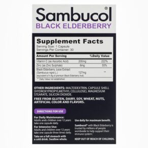 Thực phẩm bổ sung Sambucol Black Elderberry Capsules Advanced Immune + Vitamin C + Zinc 30 Capsules 896116001624
