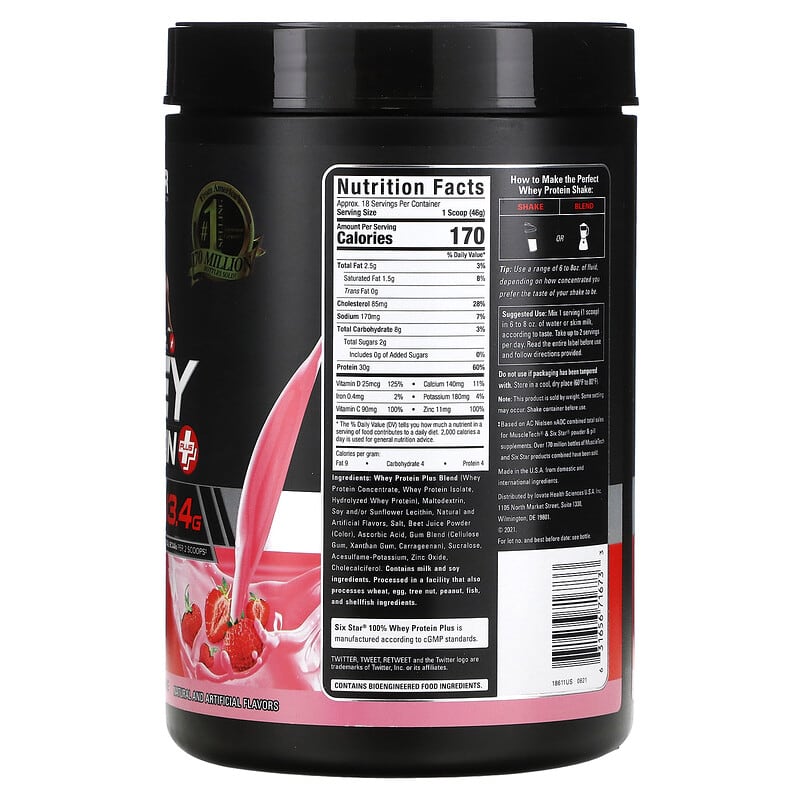 Six Star Elite Series 100% Whey Protein Plus Strawberry Smoothie 1.8 lbs (816 g) 2 Thực phẩm bổ sung Six Star Elite Series 100% Whey Protein Plus Strawberry Smoothie 1.8 lbs (816 g) 631656716733