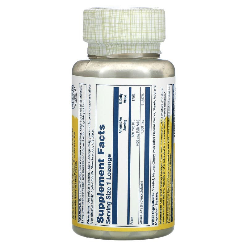 Solaray Vitamin B-12 with Folic Acid Natural Cherry 1.000 mcg 90 Lozenges 2 Thực phẩm bổ sung Solaray Vitamin B-12 with Folic Acid Natural Cherry 1.000 mcg 90 Lozenges 076280043457