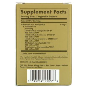 Thực phẩm bổ sung Solgar Advanced 40+ Acidophilus 60 Vegetable Capsules 033984000278