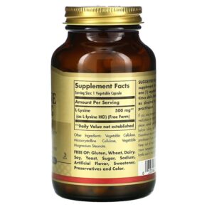 Thực phẩm bổ sung Solgar L-Lysine Free Form 500 mg 100 Vegetable Capsules 033984016811