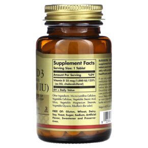 Thực phẩm bổ sung Solgar Vitamin D3 25 mcg (1.000 IU) 180 Tablets 033984033115