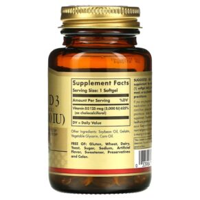 Thực phẩm bổ sung Solgar Vitamin D3 (Cholecalciferol) 125 mcg (5.000 IU) 100 Softgels 033984193772