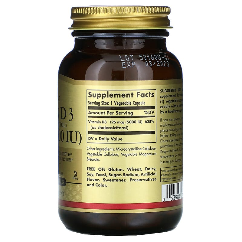 Solgar Vitamin D3 (Cholecalciferol) 125 mcg (5000 IU) 120 Vegetable Capsules 2 Thực phẩm bổ sung Solgar Vitamin D3 (Cholecalciferol) 125 mcg (5000 IU) 120 Vegetable Capsules 033984033139