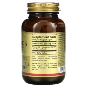 Thực phẩm bổ sung Solgar Vitamin D3 (Cholecalciferol) 15 mcg (600 IU) 120 Vegetable Capsules 033984033191
