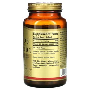 Thực phẩm bổ sung Solgar Vitamin D3 (Cholecalciferol) 25 mcg (1.000 IU) 250 Softgels 033984033412