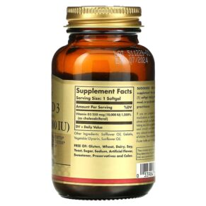 Thực phẩm bổ sung Solgar Vitamin D3 (Cholecalciferol) 250 mcg (10.000 IU) 120 Softgels 033984358720