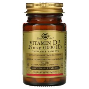 Thực phẩm chức năng Solgar Vitamin D3 Natural Strawberry Banana Swirl 25 mcg (1.000 IU) 100 Chewable Tablets 033984549562
