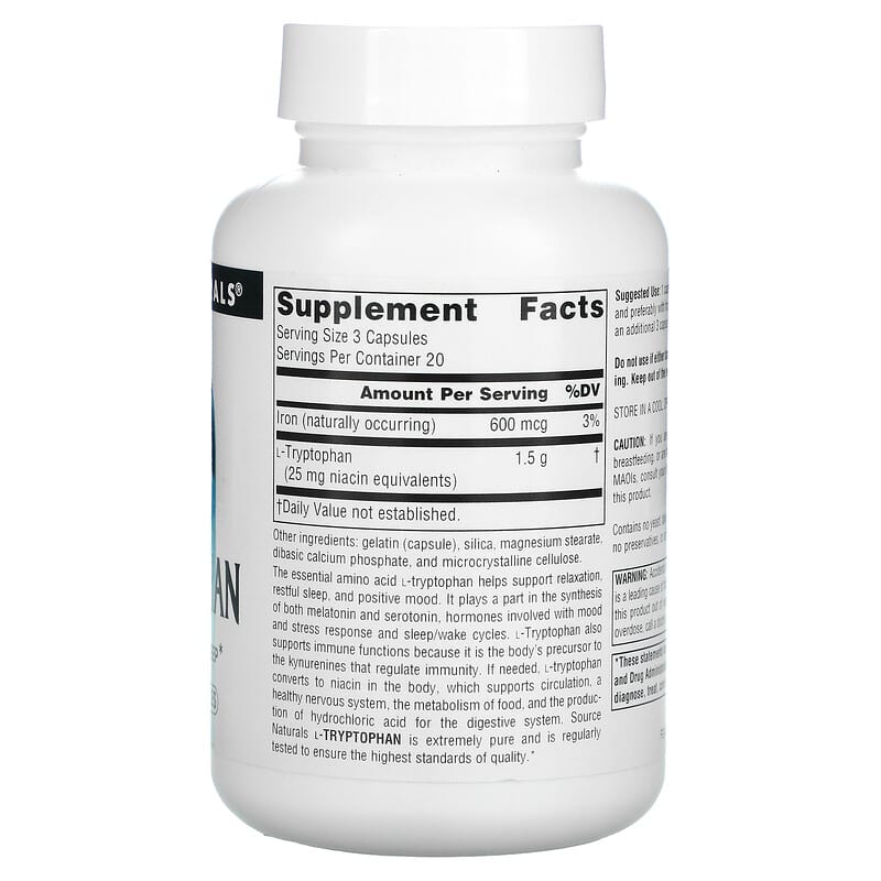 Source Naturals L-Tryptophan 500 mg 60 Capsules 2 Thực phẩm bổ sung Source Naturals L-Tryptophan 500 mg 60 Capsules 021078019848