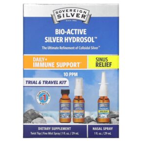 Thực phẩm chức năng Sovereign Silver Bio-Active Silver Hydrosol Daily + Immune Support Sinus Relief Trial & Travel Kit 10 PPM 3 Piece Kit 1 fl oz (29 ml) Each 684088700078